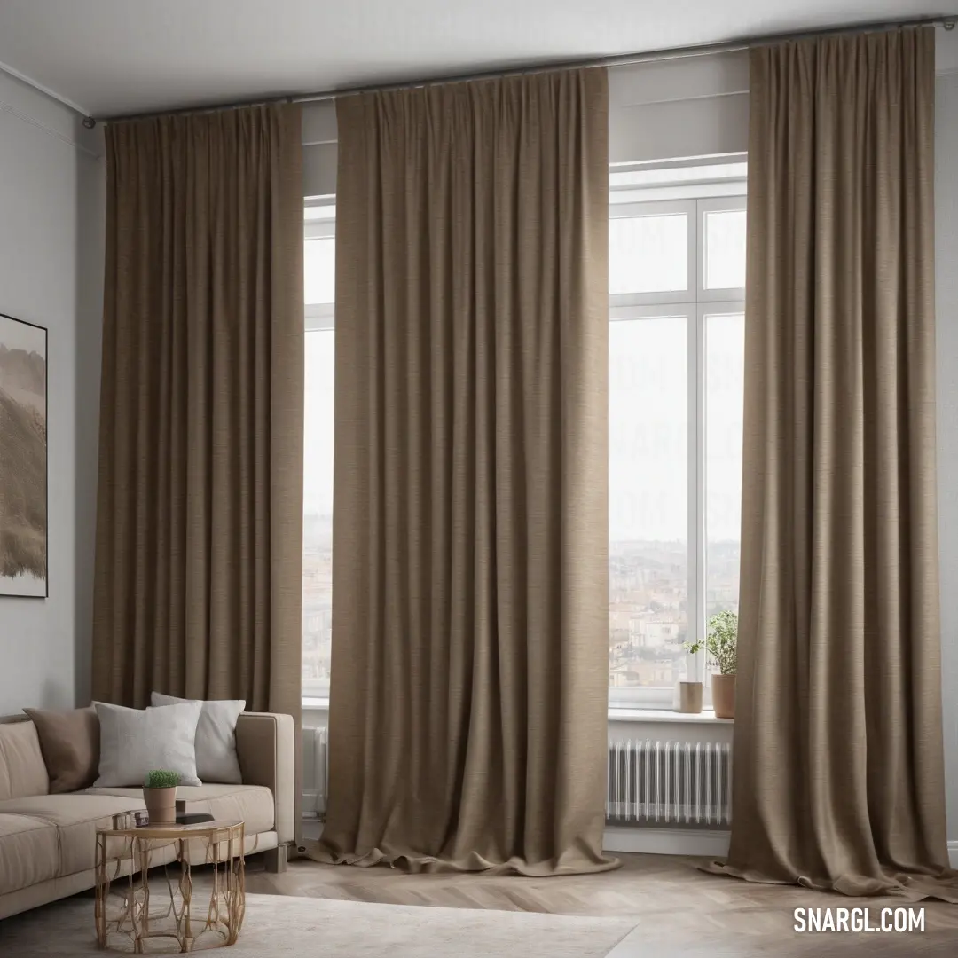 PANTONE Warm Gray 8 color example: Living room with a couch and a window with curtains on it and a painting on the wall behind it
