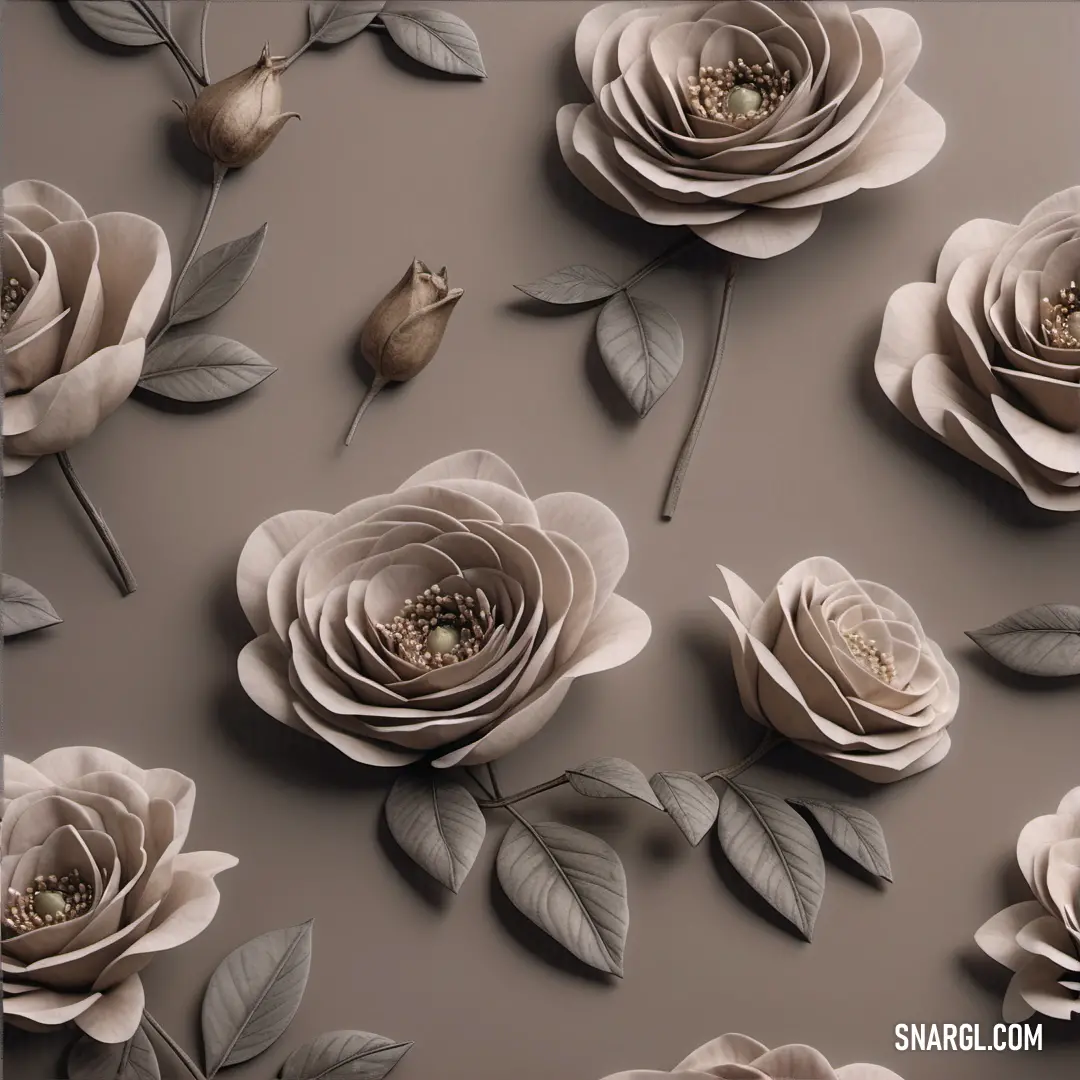 Group of flowers with leaves on a gray background. Example of PANTONE Warm Gray 9 color.