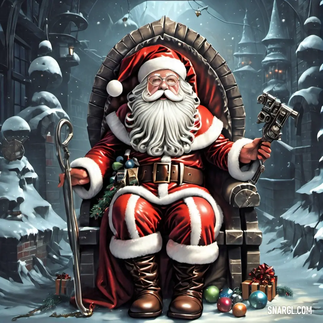 Painting of a santa claus on a throne with a pipe in his hand. Color #877A6E.