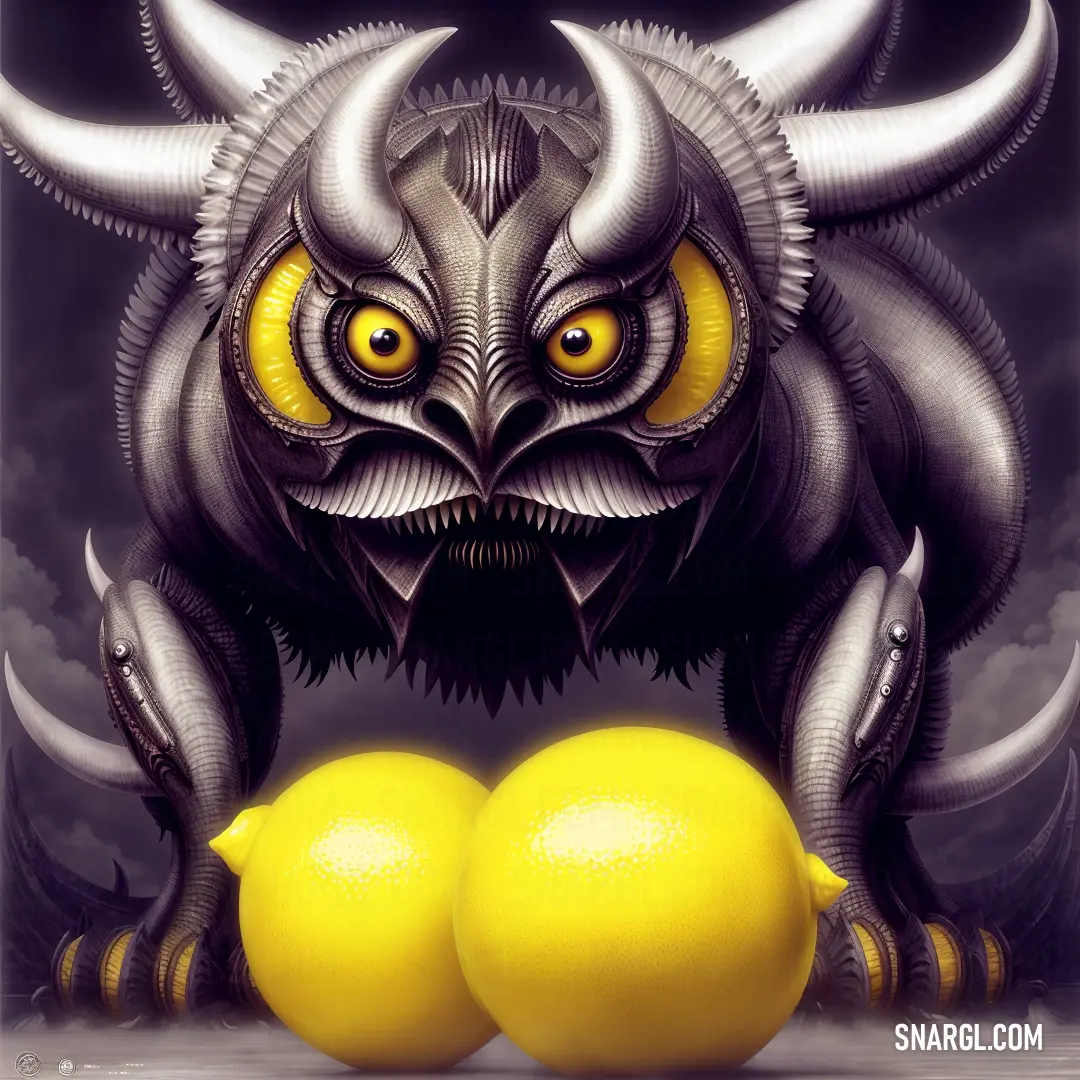PANTONE Yellow color example: Painting of a monster with two lemons in front of it
