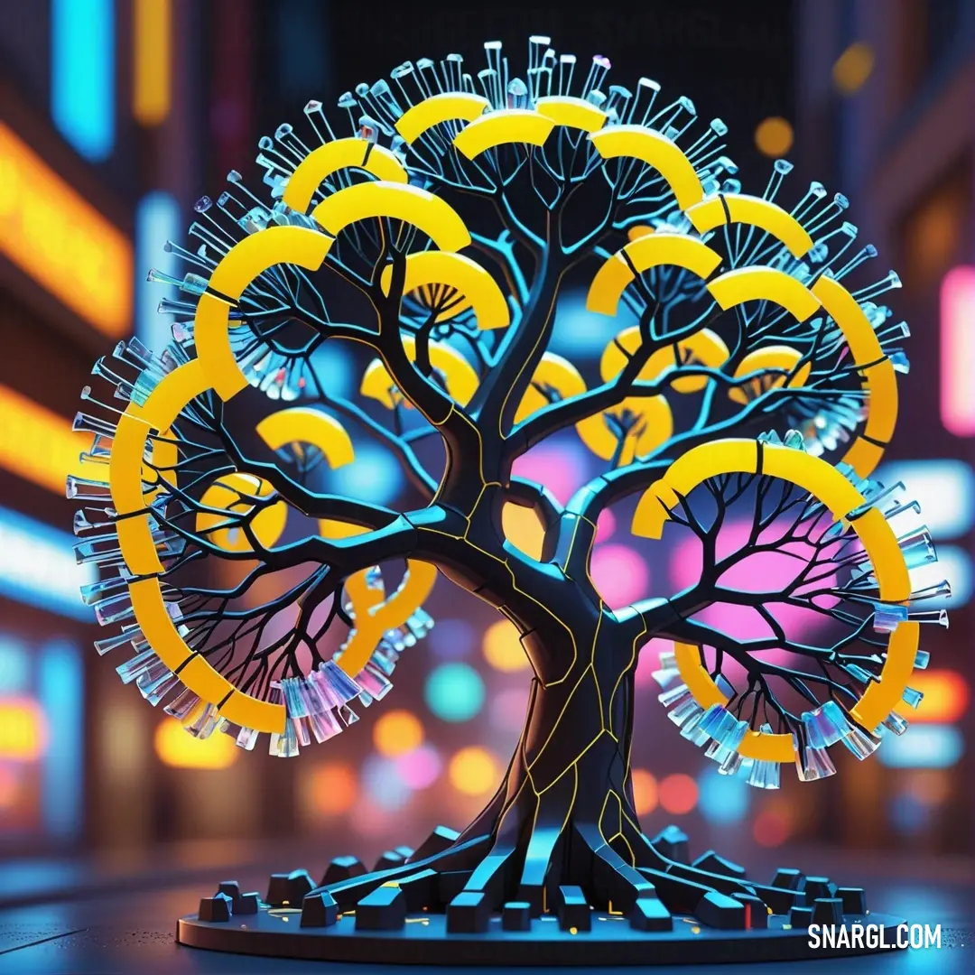 PANTONE Yellow color example: Stylized tree with a yellow circle around it on a table in a city at night time with neon lights