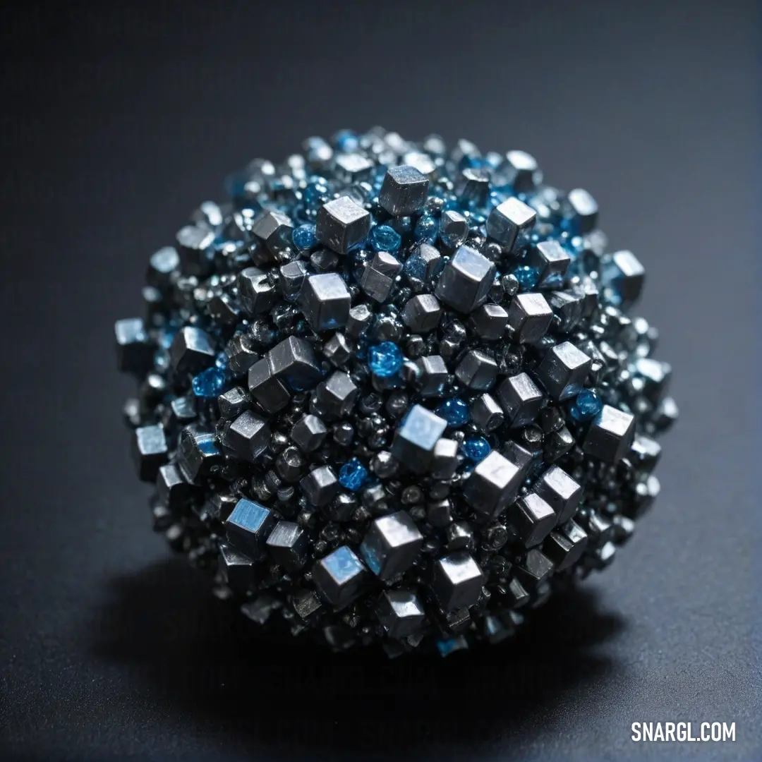 A striking black-and-blue ball covered in an array of tiny, colorful cubes, offering a dynamic contrast of shapes and colors. The smooth surface of the ball is juxtaposed with the geometric precision of the cubes, creating a visually engaging composition.