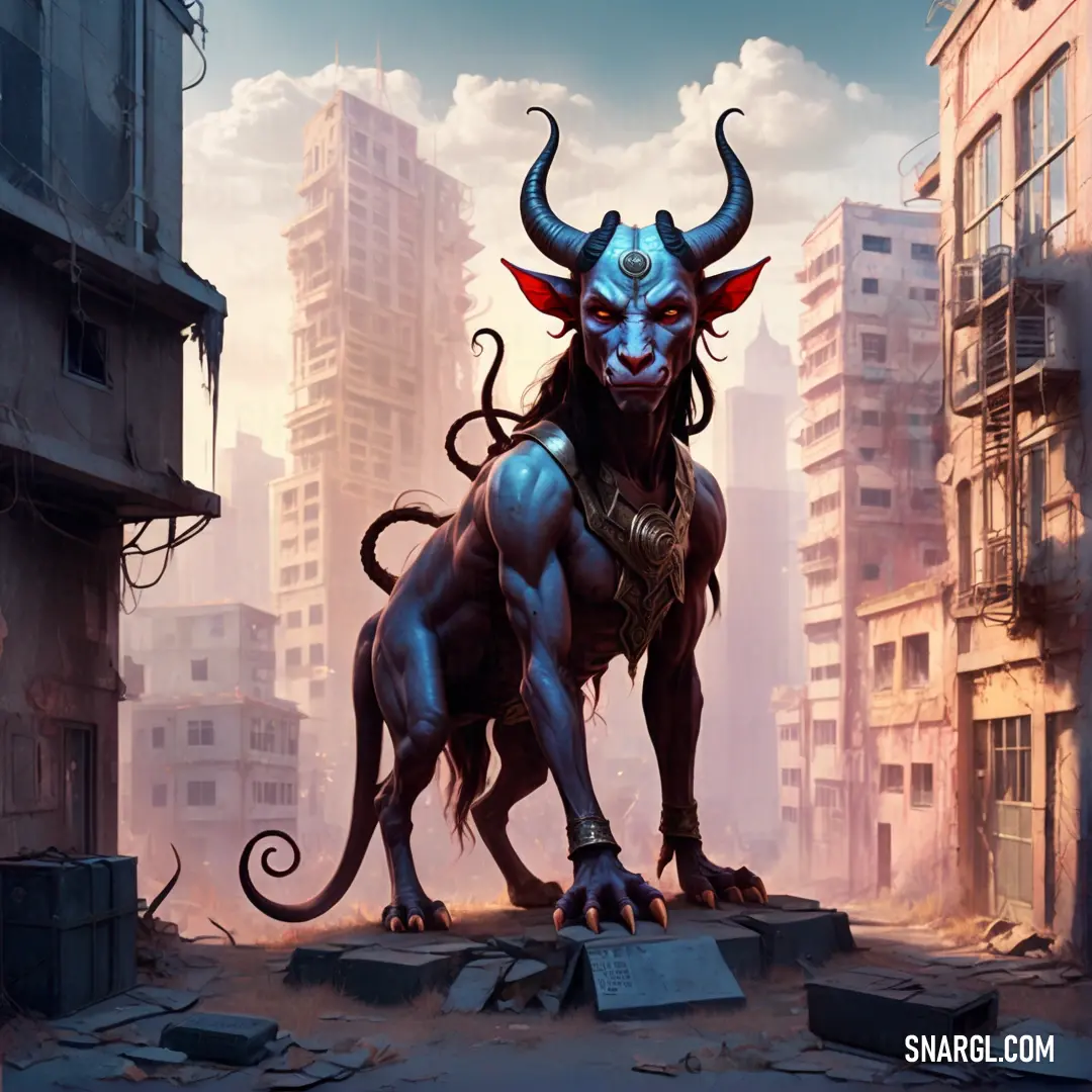 Bull with horns standing in a city street with buildings in the background