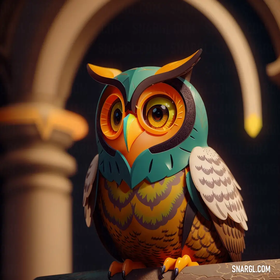 Colorful owl on top of a wooden table next to a lamp post and a doorway in the background