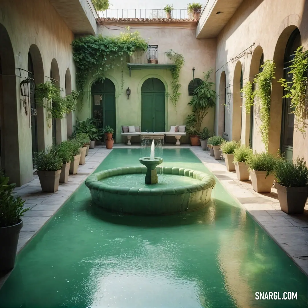 Courtyard with a fountain and potted plants in it and a bench in the background. Color Papaya whip.