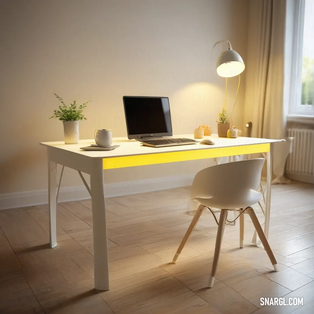 Desk with a laptop and a chair in a room with a window and a lamp on it and a plant. Example of #FFEFD5 color.