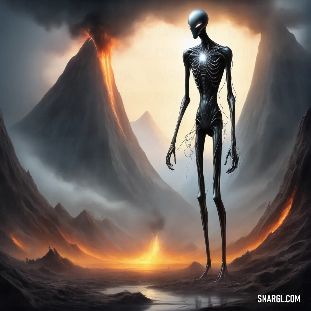 Digital painting of a humanoid standing in front of a mountain range with a glowing light in its eyes