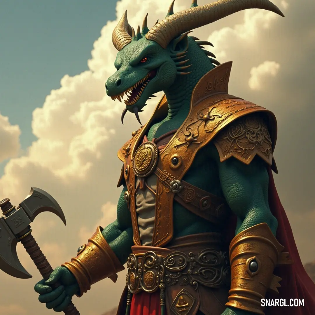 A fierce green dragon, adorned with majestic horns and a flowing red cape, stands boldly, wielding a colossal axe, a true symbol of power and dominance in a fantastical realm.