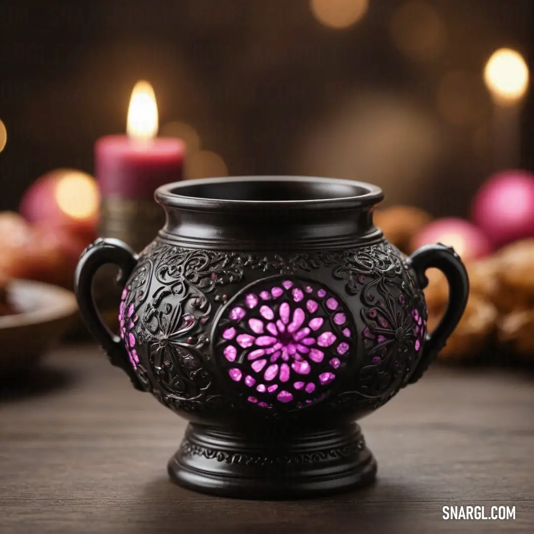 A lit candle sits elegantly in a black vase on a table, surrounded by soft candlelight and a serene atmosphere. The gentle glow of the flame complements the warm, light tones of the surrounding setting, evoking a sense of calm and comfort.