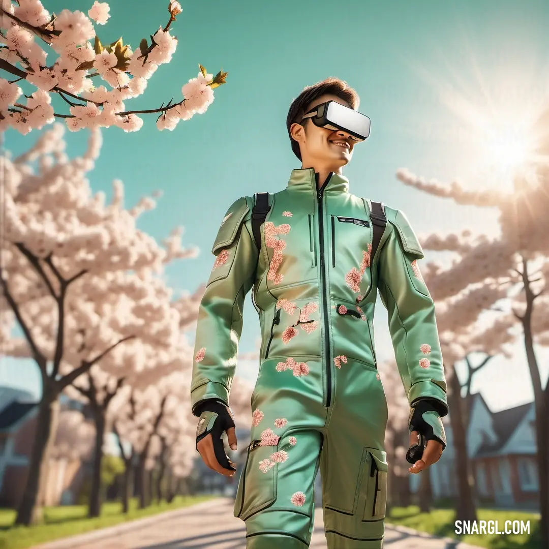 Man in a green suit with a virtual reality device on his head and a tree with pink flowers. Color CMYK 0,6,16,0.