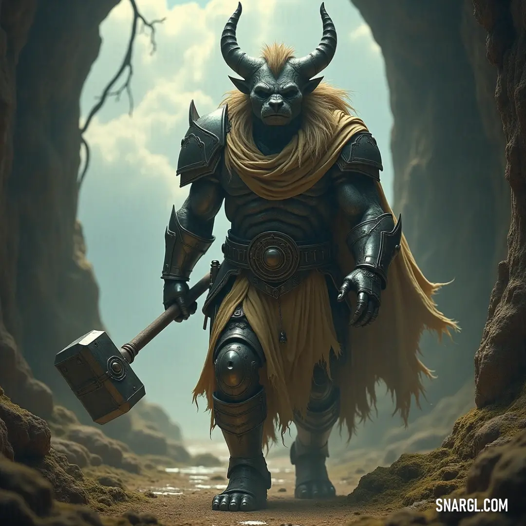 In a mystical cave with a bright sky above, a man clad in a horned costume holds a formidable axe and a box, perfectly showcasing the balance between fantasy elements and an adventurous spirit.