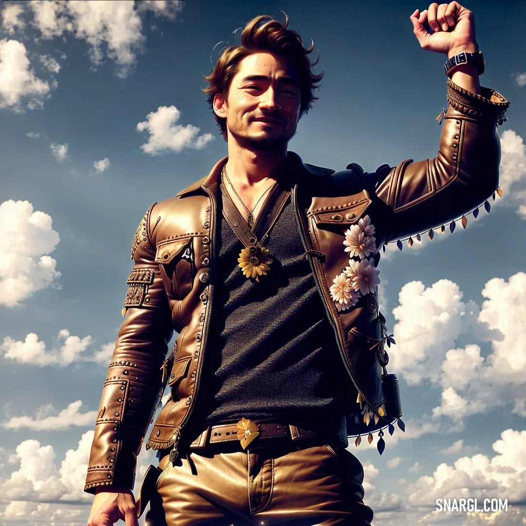 Man in a leather jacket and gold pants holding a flower in his hand and a sky with clouds in the background