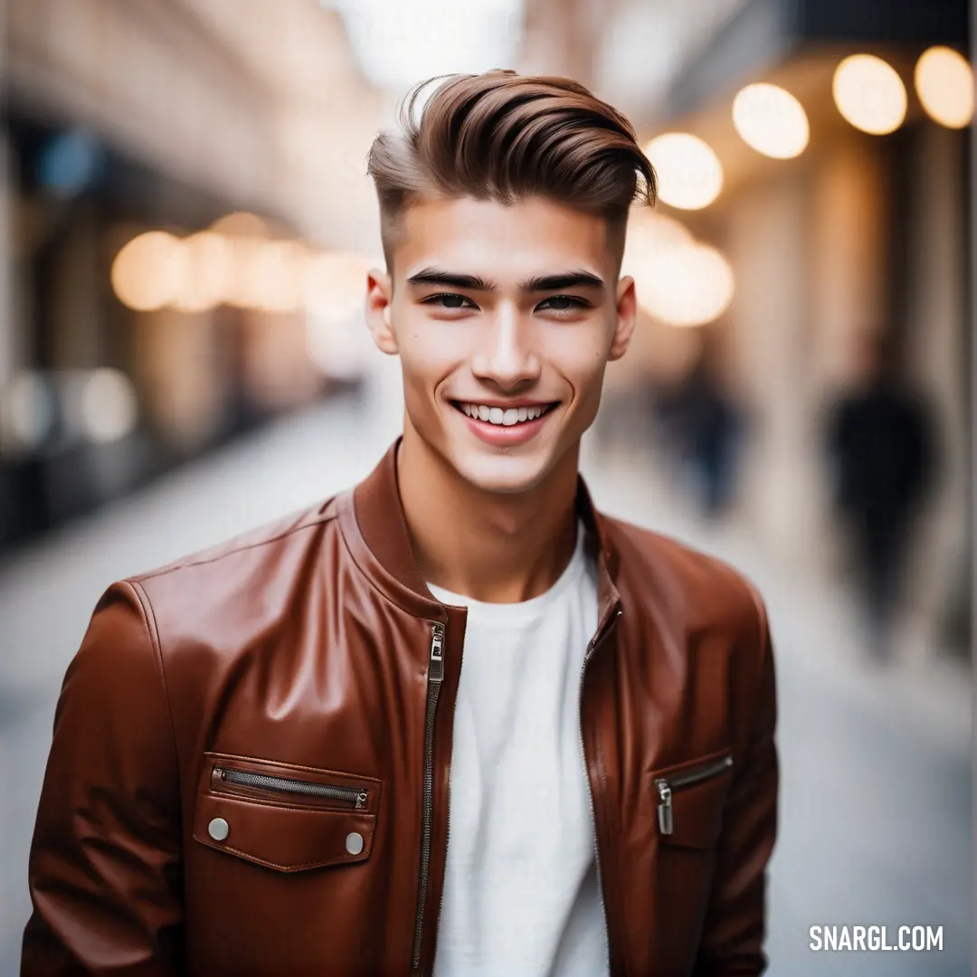 Man with a brown leather jacket on a city street smiling at the camera with a smile on his face