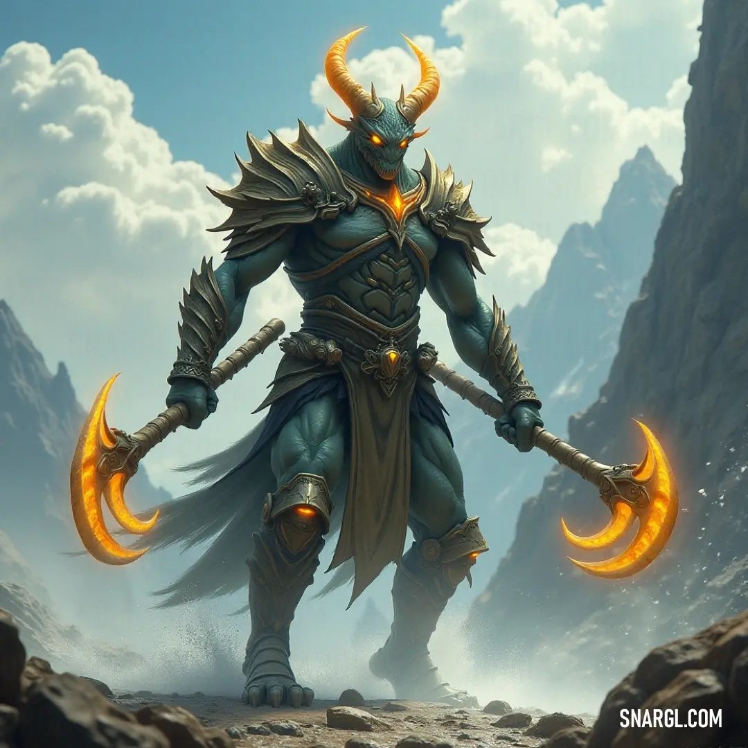 A captivating man with a horned head illuminates the rocky landscape, holding two blazing torches high as he stands boldly, embodying the allure of adventure and ancient mysteries.