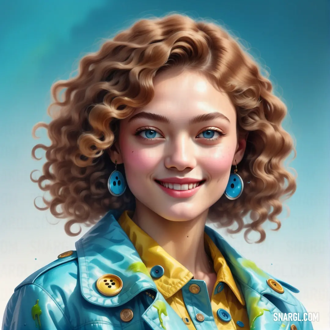 Painting of a woman with curly hair and blue eyes wearing a blue jacket and smiling at the camera
