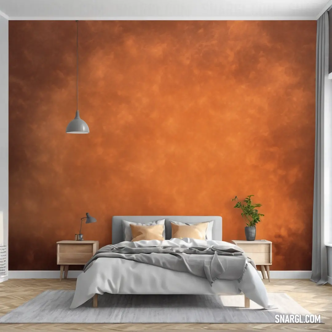 Papaya whip color example: Bedroom with a bed and a large orange wall behind it