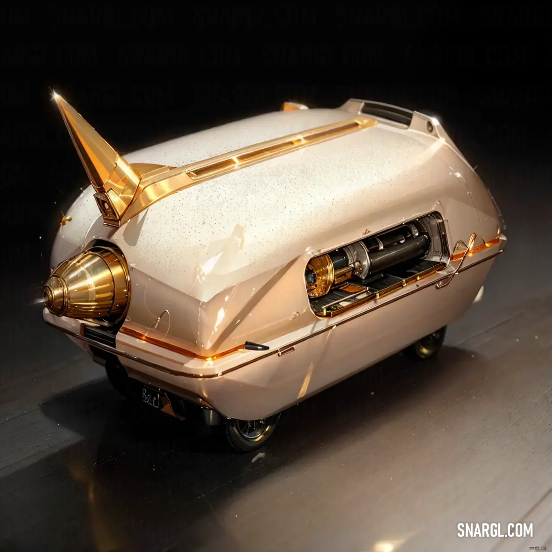 A car adorned with a shimmering gold wing on its hood speeds against a deep black background. The striking combination of the papaya whip color and metallic gold creates an aura of sophistication and luxury.