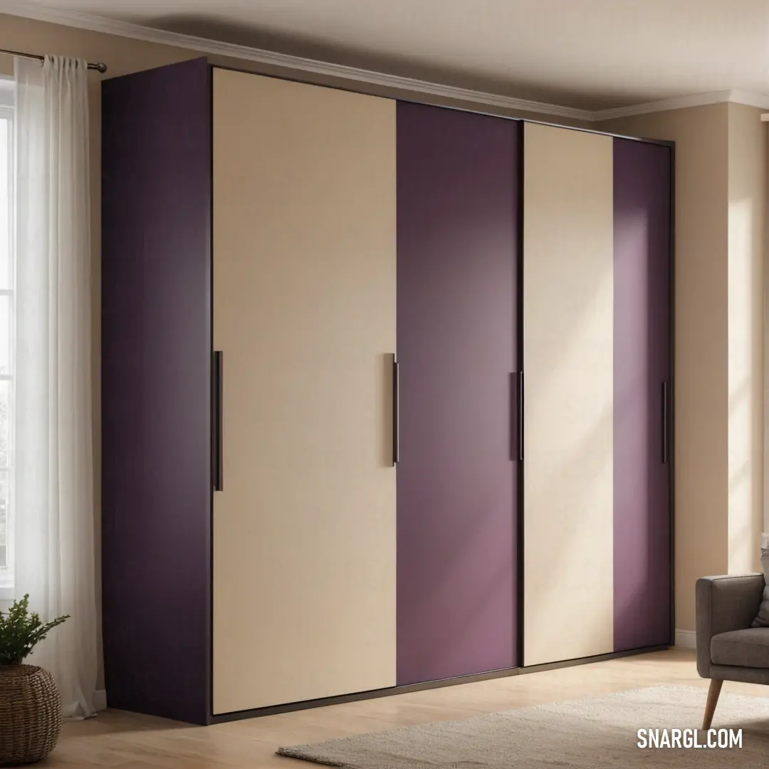 Papaya whip color example: Living room with a couch and a purple and beige cabinet in it's corner area with a window