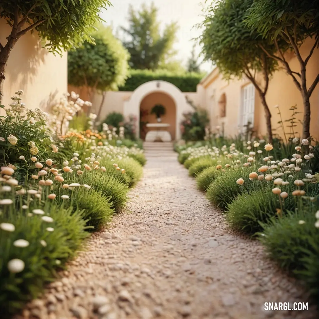 Papaya whip color. Pathway with a bunch of flowers and trees on both sides of it