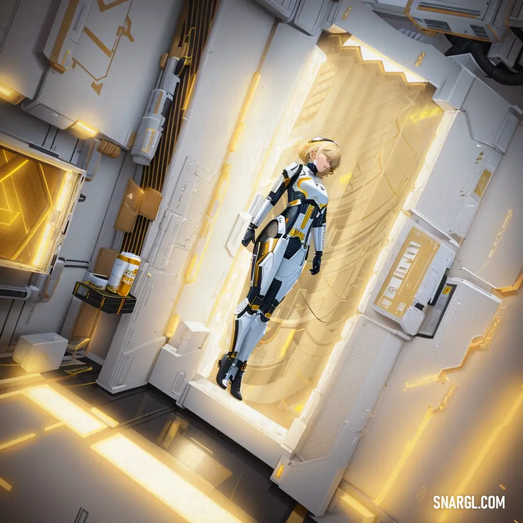 A woman in a futuristic suit stands at the threshold of a glowing doorway. Light spills in from behind her, casting her silhouette in a soft glow, while a warm yellow light accentuates the scene’s ethereal quality.