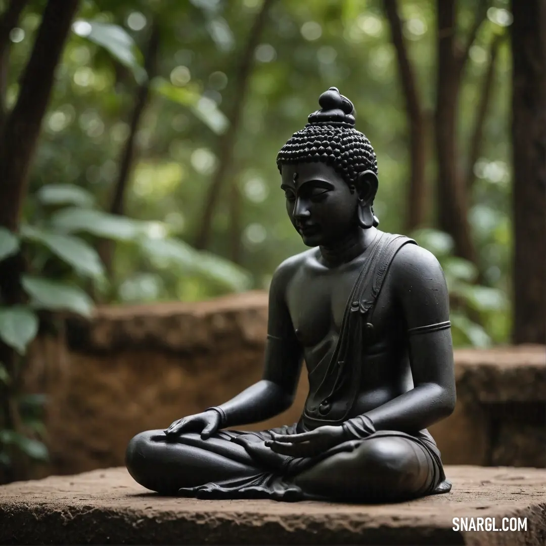 A serene Buddha statue seated in a peaceful forest, surrounded by tall trees and soft greenery. The warm, earthy Papaya whip color creates a tranquil atmosphere, blending nature and spirituality.