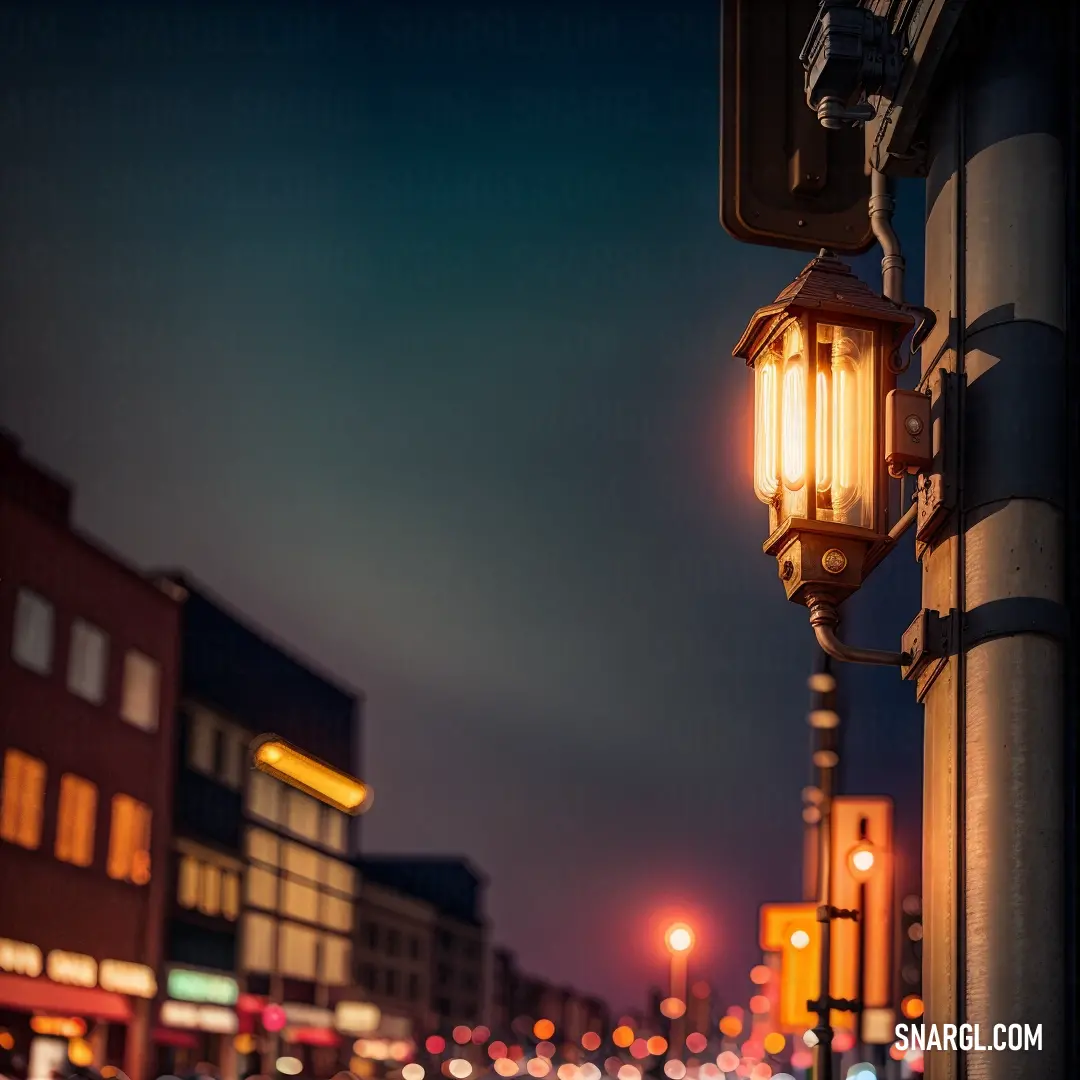 Street light on a pole in the middle of a city at night time with cars passing by on the street