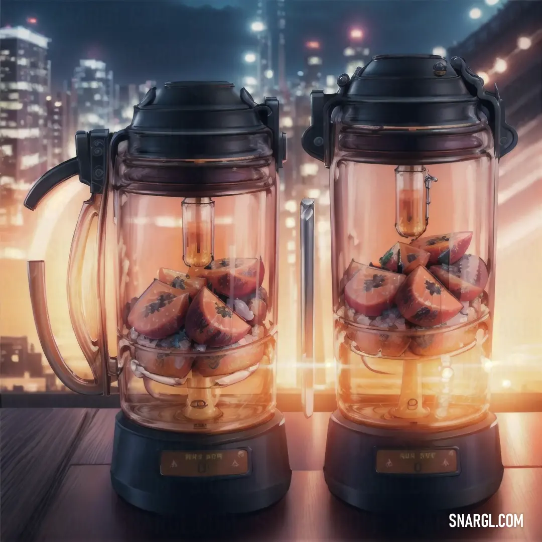 Two blenders with food inside of them on a table in front of a cityscape at night