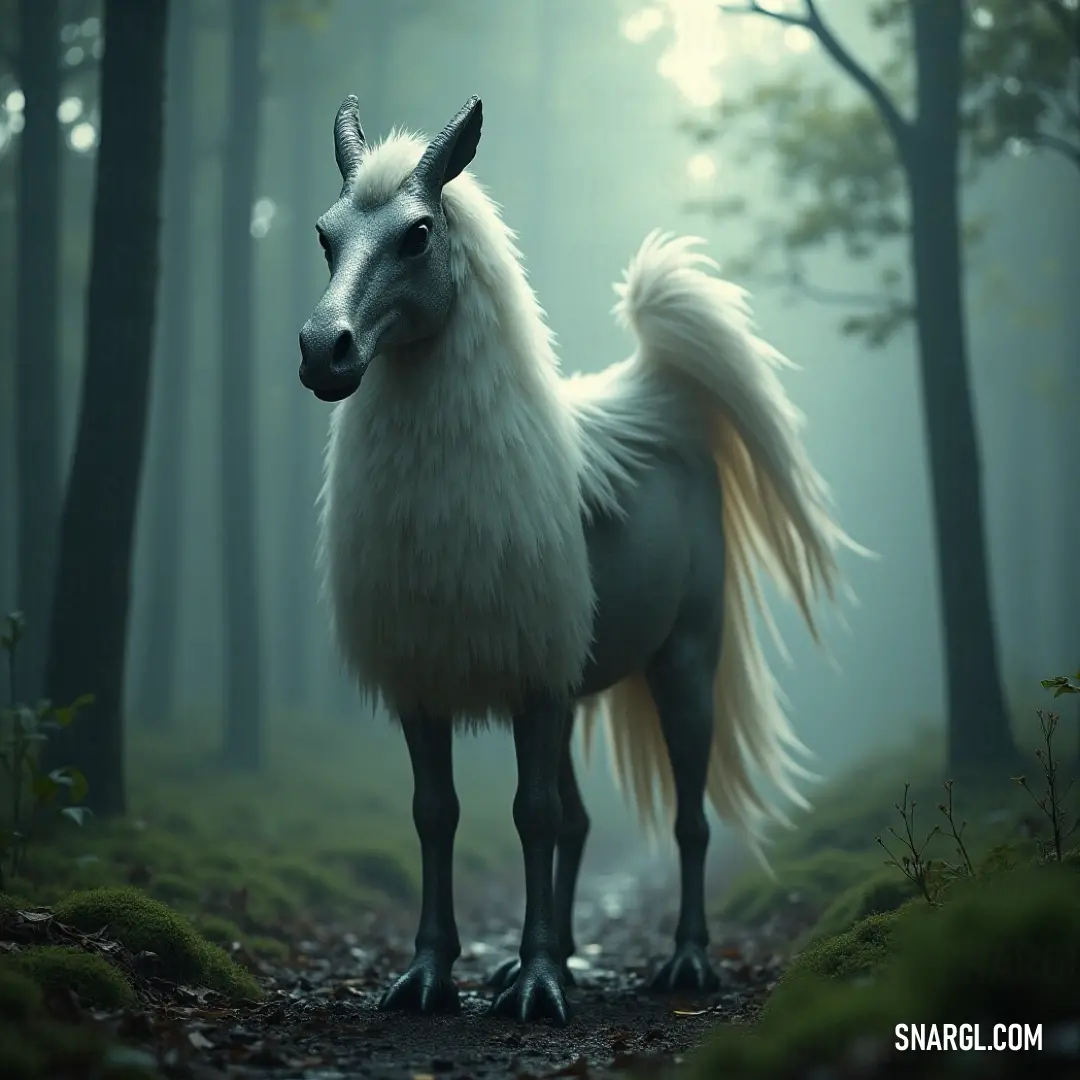 A majestic white horse stands gracefully in a serene forest, blending harmoniously with the natural beauty of the trees and grass, embodying elegance and dignity in a tranquil setting.