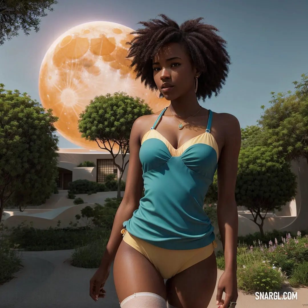 Woman in a bathing suit is walking in front of a full moon with trees and bushes in the background