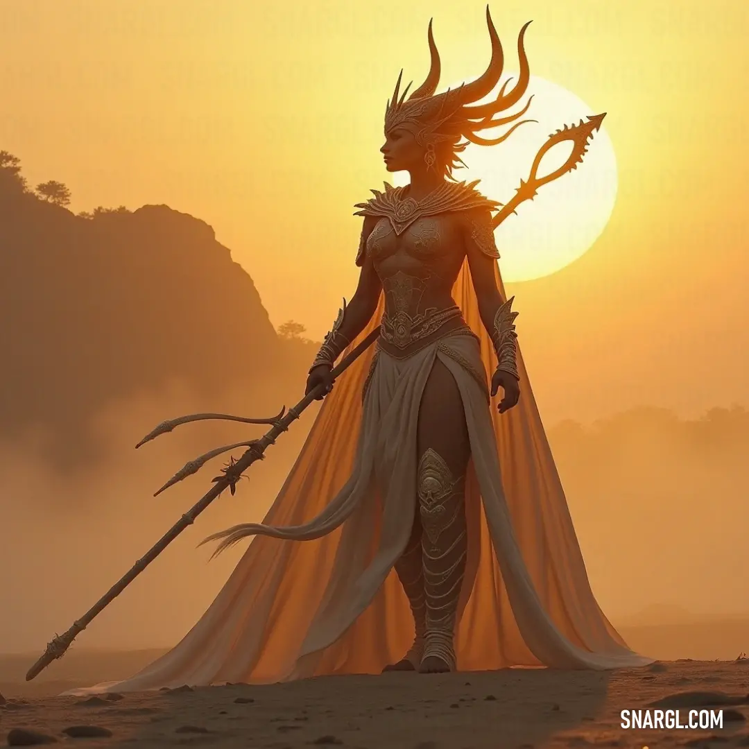 Bathed in the warm glow of a breathtaking sunset, a woman adorned with a magnificent costume and horns stands resolutely in the desert, her staff poised as she embraces the enchanting glow of the setting sun.