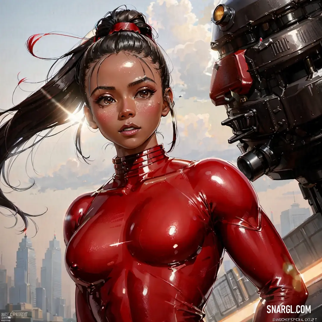 A confident woman stands in front of a futuristic, robot-like structure. She is dressed in a form-fitting red latex suit, and a red ribbon gracefully drapes around her neck. Her stance radiates strength and intrigue.