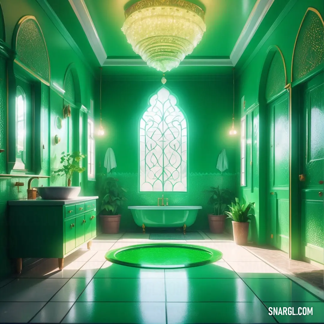 Bathroom with a green floor and a large window in the corner of the room. Color RGB 80,200,120.