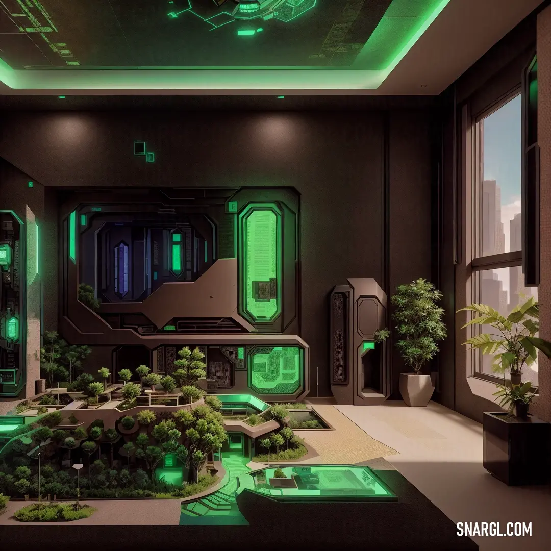 Futuristic looking room with a green light on the ceiling