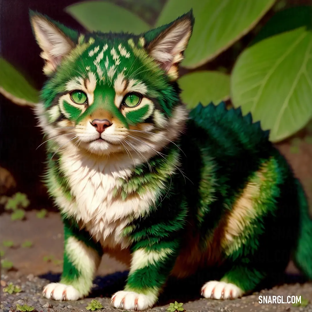 Green and white cat next to a plant with green leaves on it's sides and a green