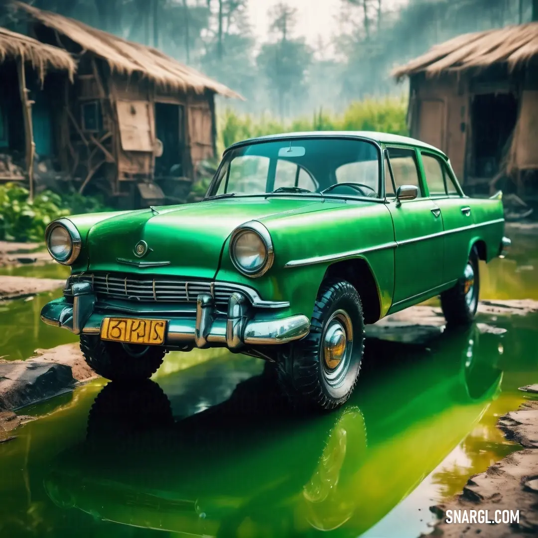 Green car parked in a puddle of water in front of a hut roofed area with a few huts. Color Paris Green.