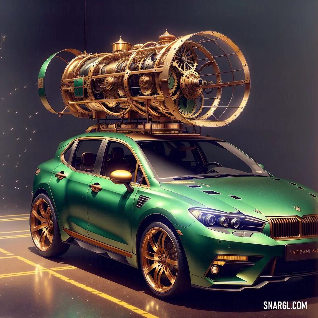 Green car with a large machine on top of it's roof rack in a dark room with a yellow strip