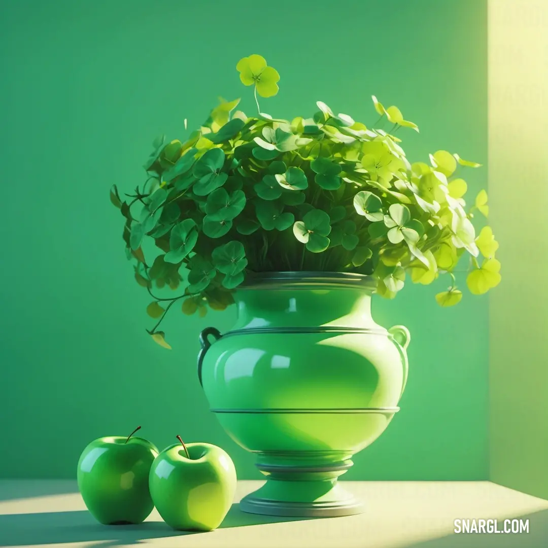Green vase with a plant in it and two green apples on a table next to it, on a green background. Example of #50C878 color.