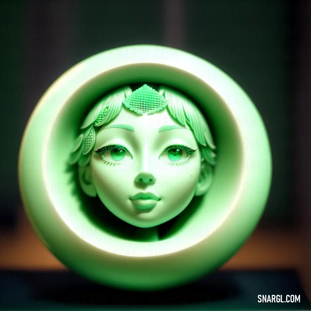 Green vase with a woman's face in it's center and a green light behind it