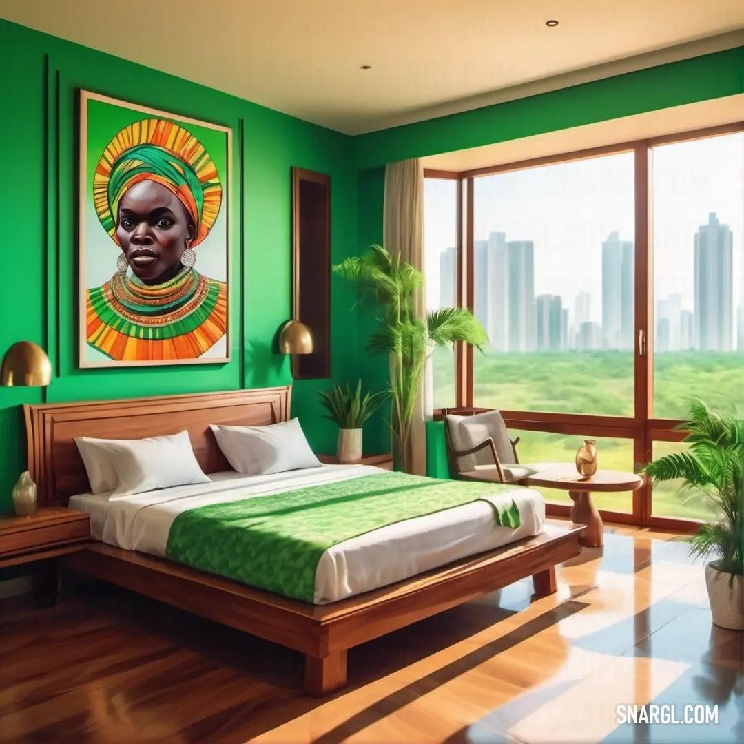 Bedroom with a green wall and a painting on the wall above the bed and a large window with a view of a city. Example of Paris Green color.