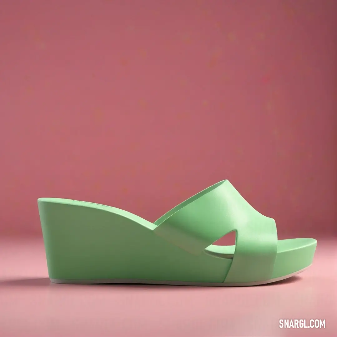 Paris Green color. Green wedged sandal with a pink background