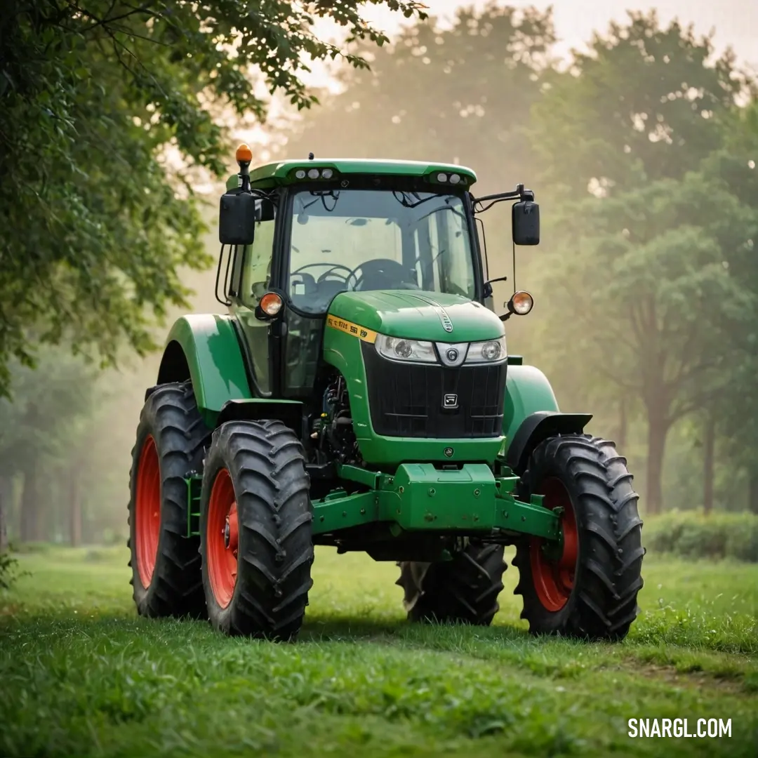 Paris Green color example: Tractor is parked in a field of grass with trees in the background