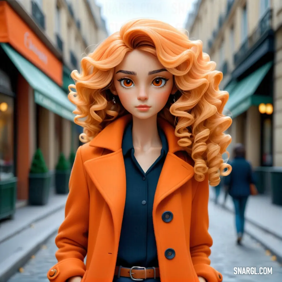 Doll is standing on a city street with a coat on and a blue shirt on and a man walking behind her