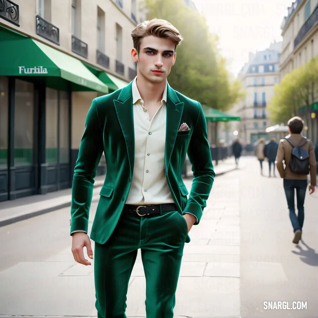 Man in a green suit and white shirt is walking down the street with his hands in his pockets