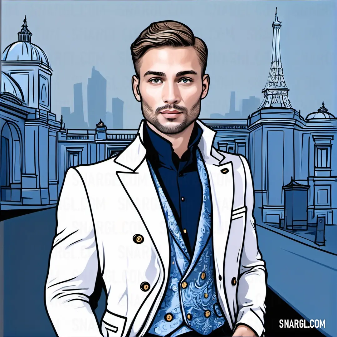 Man in a white jacket and blue shirt standing in front of a cityscape with a eiffel tower in the background