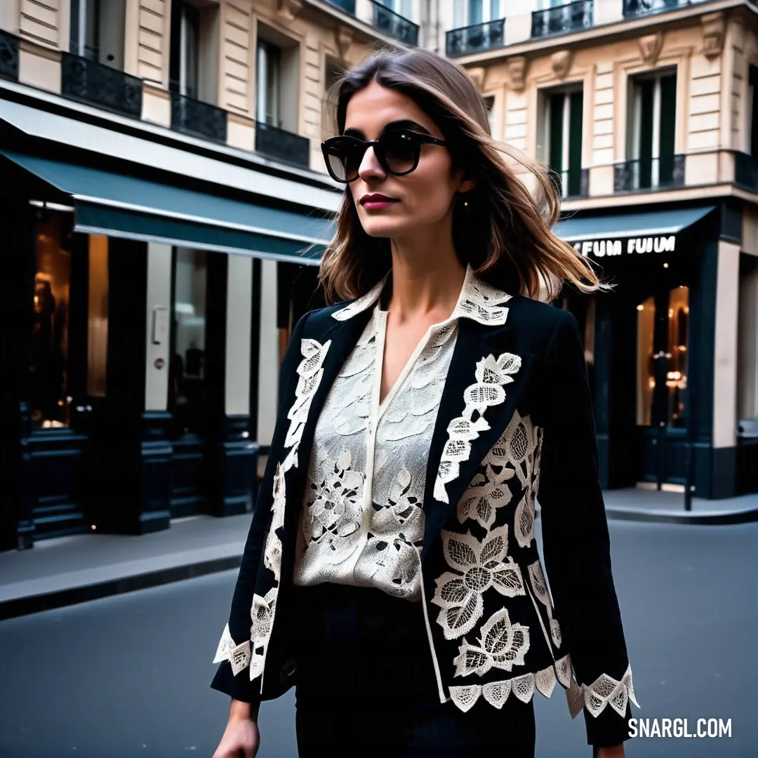 Woman in a black and white jacket and sunglasses walking down a street in a city with buildings in the background