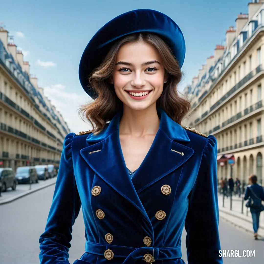 Woman in a blue coat and hat standing in a street in paris, france