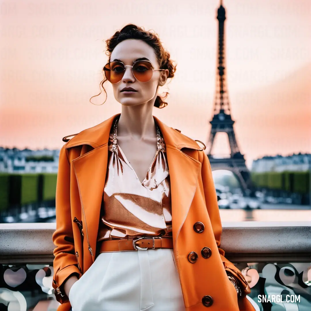 Woman in a coat and sunglasses standing in front of the eiffel tower in paris