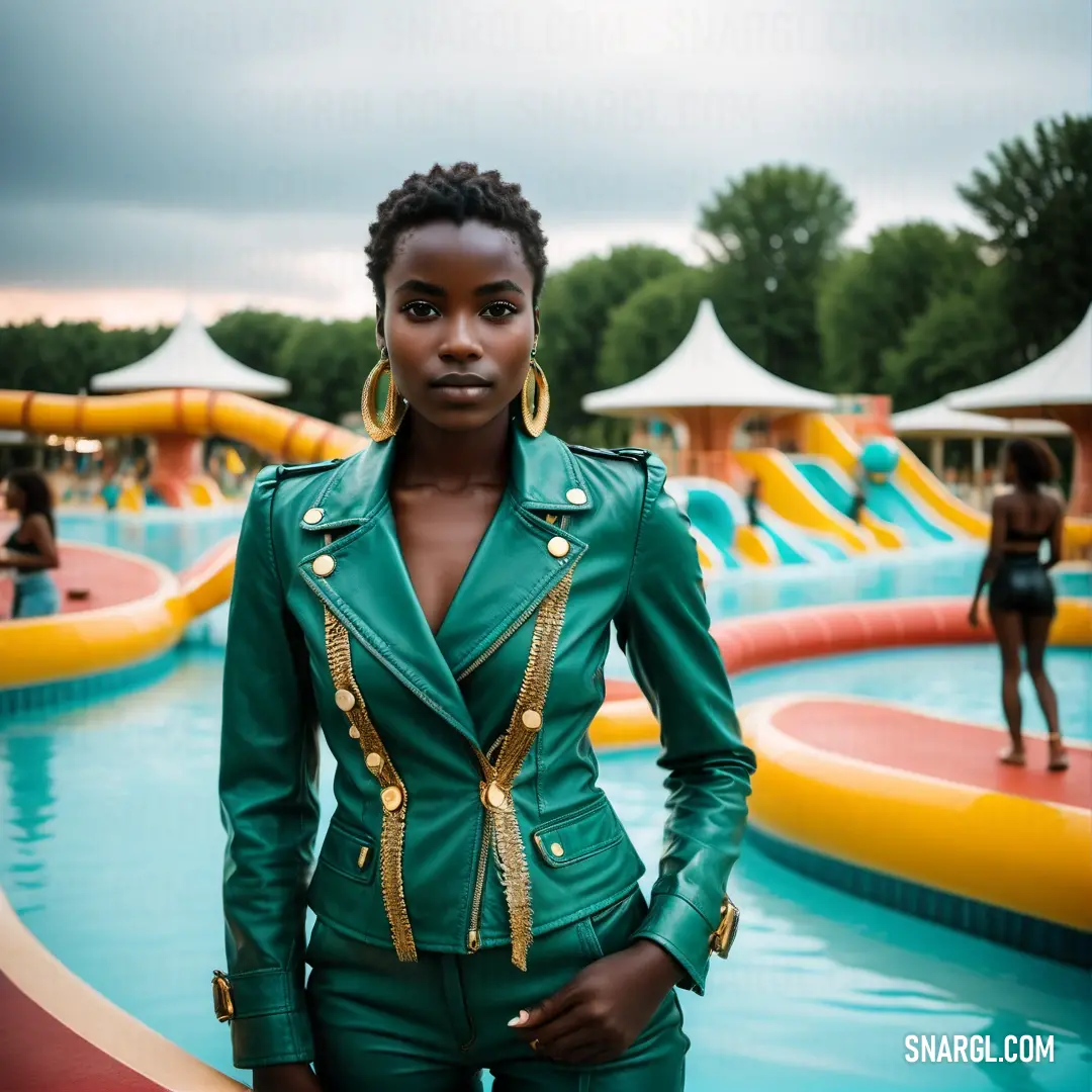 Woman in a green suit standing in front of a pool of water with people in the background