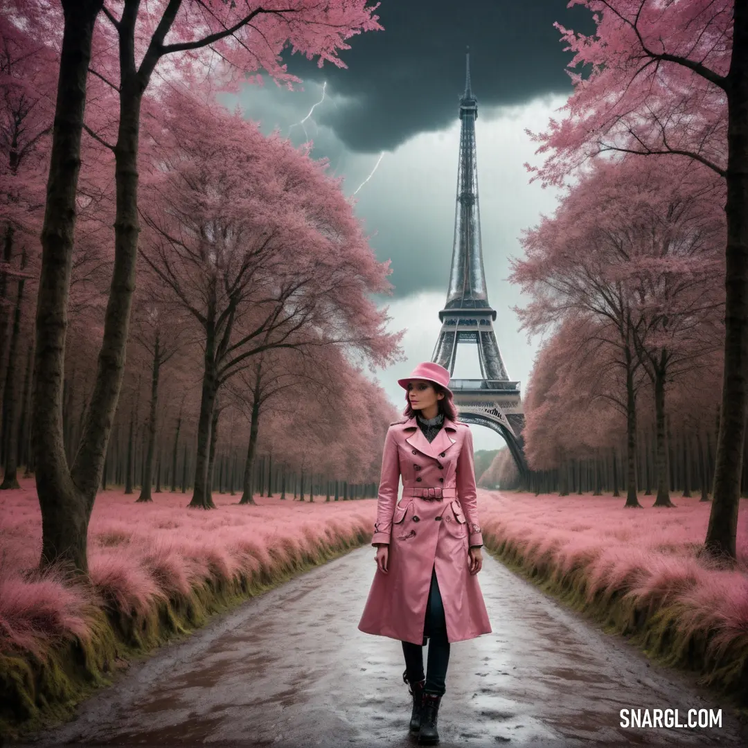 Woman in a pink coat and hat walking down a path in front of the eiffel tower