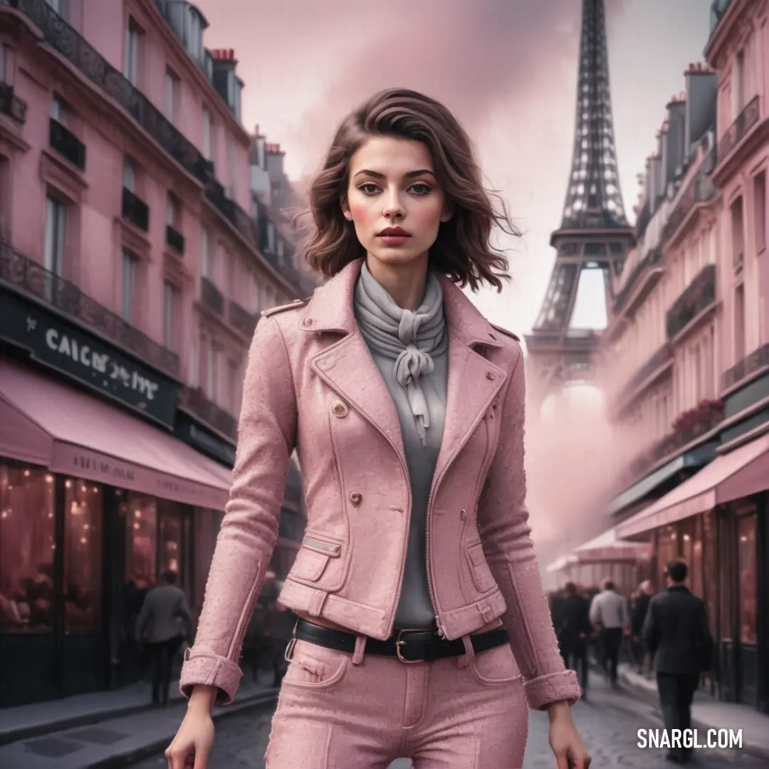 Woman in a pink suit and a pink jacket walking down a street in front of the eiffel tower